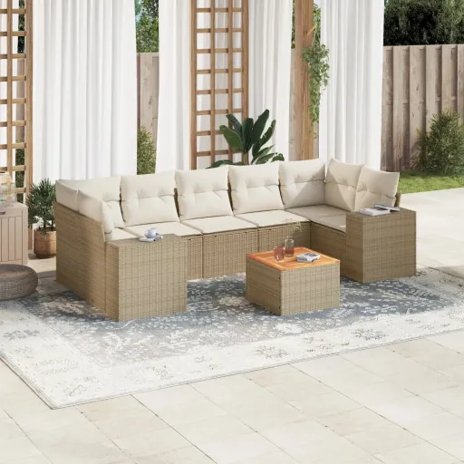 Conjunto de Sofás p/ Jardim com Almofadões Vime PE Bege (8 pcs)