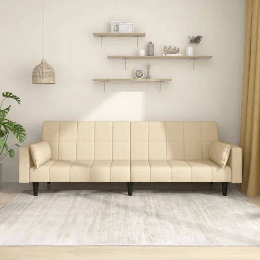Sofá-Cama 2 Lugares com Duas Almofadas Tecido Cor Creme