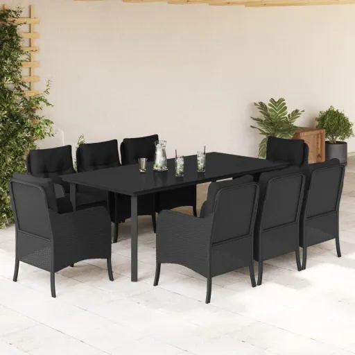 Conjunto de Jantar p/ Jardim c/ Almofadões Vime PE Preto (9 pcs)