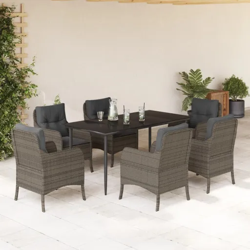 Conjunto de Jantar p/ Jardim c/ Almofadões Vime PE Cinza (7 pcs)