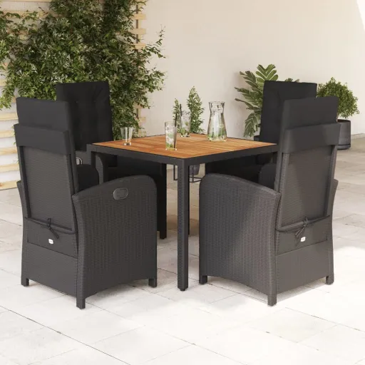 Conjunto de Jantar p/ Jardim c/ Almofadões Vime PE Preto (5 pcs)
