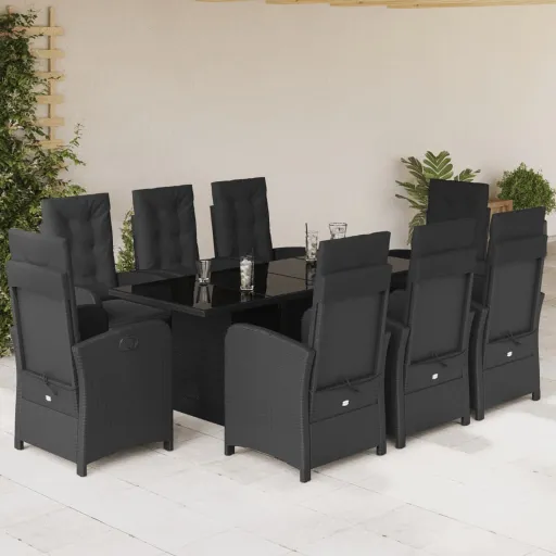 Conjunto de Jantar p/ Jardim c/ Almofadões Vime PE Preto (9 pcs)