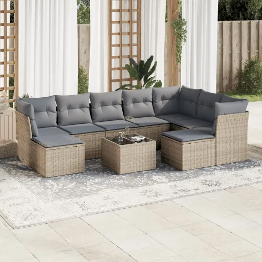 Conjunto de Sofás p/ Jardim com Almofadões Vime PE Bege (10 pcs)