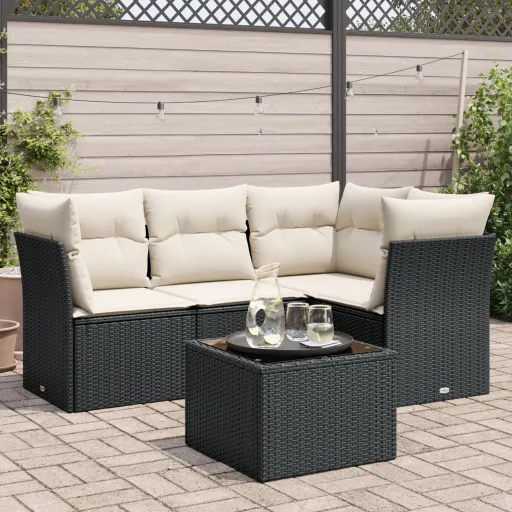 Conjunto Sofás de Jardim com Almofadões Vime PE Preto (5 pcs)
