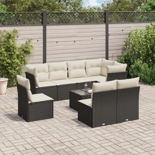 Conjunto de Sofás p/ Jardim c/ Almofadões Vime PE Preto (9 pcs)