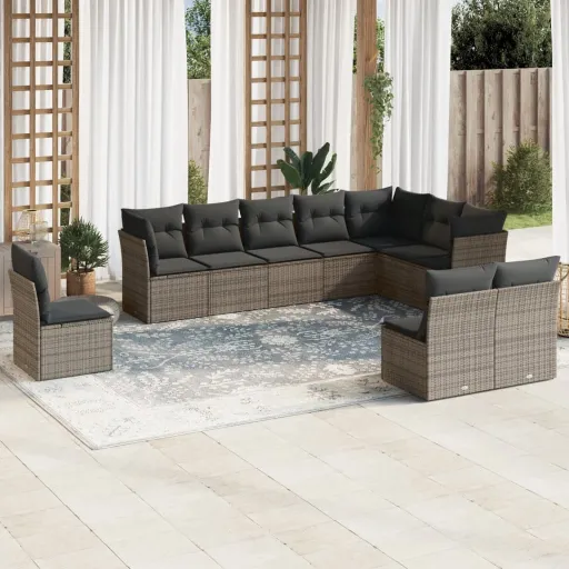 Conjunto Sofás de Jardim c/ Almofadões Vime PE Cinzento (10 pcs)