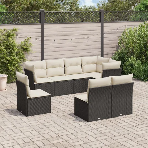 Conjunto Sofás de Jardim com Almofadões Vime PE Preto (8 pcs)