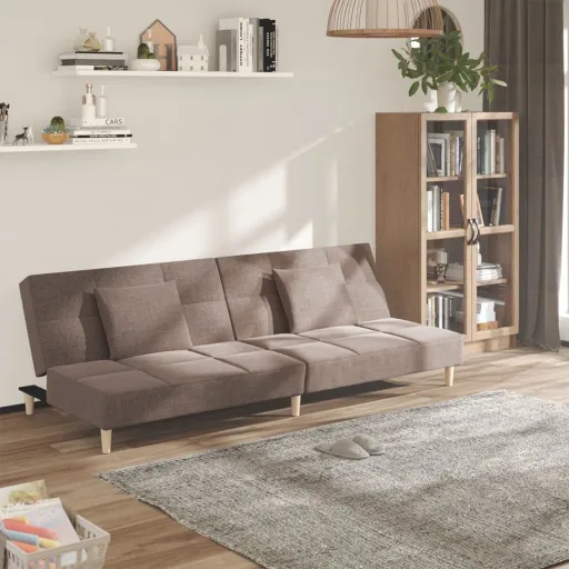 Sofá-Cama 2 Lugares c/ Duas Almofadas Tecido Cinza-Acastanhado