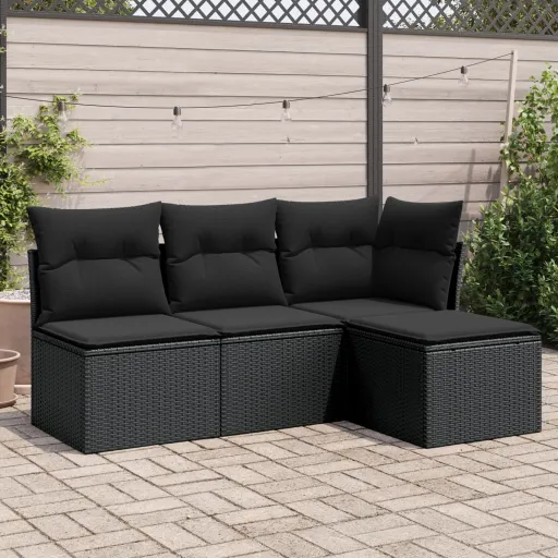 Conjunto de Sofás para Jardim c/ Almofadões Vime PE Preto (4 pcs)