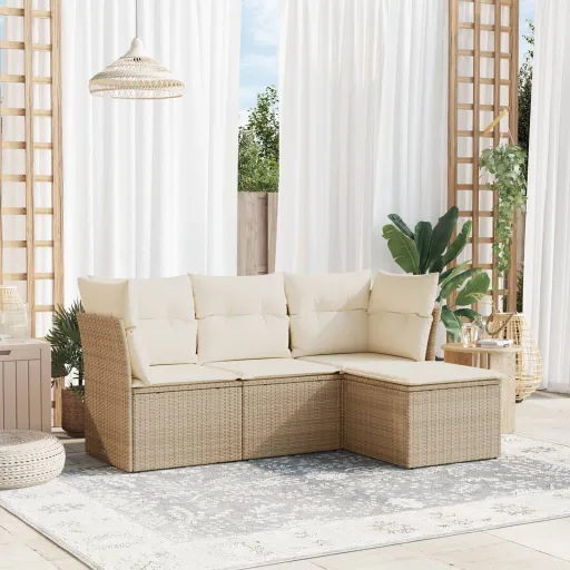 Conjunto de Sofás para Jardim c/ Almofadões Vime PE Bege (4 pcs)