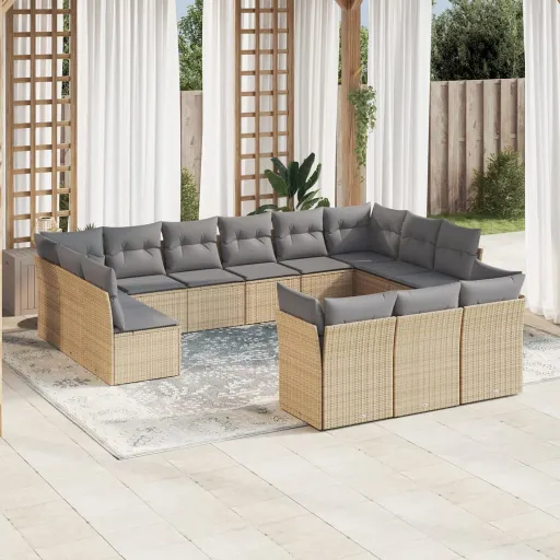 Conjunto de Sofás p/ Jardim com Almofadões Vime PE Bege (13 pcs)