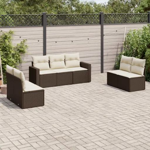 Conjunto de Sofás Jardim c/ Almofadões Vime PE Castanho (7 pcs)