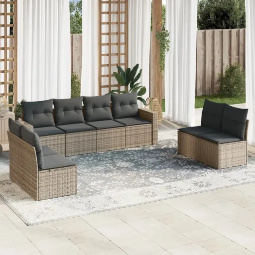 Conjunto Sofás de Jardim c/ Almofadões Vime PE Cinzento (8 pcs)