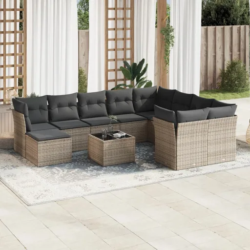 Conjunto Sofás de Jardim c/ Almofadões Vime PE Cinzento (11 pcs)