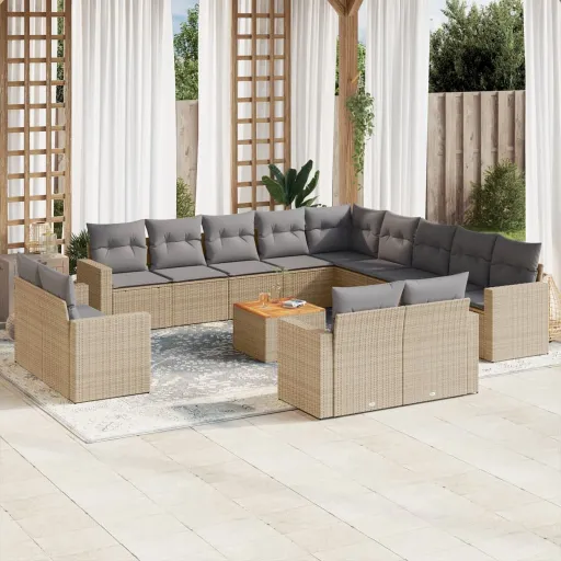 Conjunto de Sofás p/ Jardim com Almofadões Vime PE Bege (14 pcs)