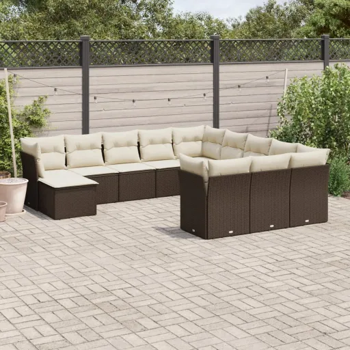 Conjunto de Sofás Jardim com Almofadões Vime PE Castanho (12 pcs)