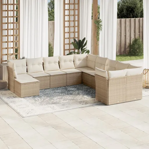 Conjunto Sofás de Jardim c/ Almofadões Vime PE Bege (11 pcs)