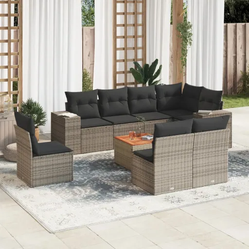 Conjunto Sofás p/ Jardim com Almofadões Vime PE Cinzento (9 pcs)