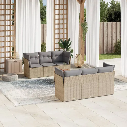 Conjunto de Sofás p/ Jardim com Almofadões Vime PE Bege (7 pcs)