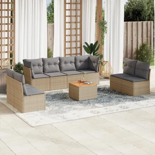 Conjunto de Sofás p/ Jardim com Almofadões Vime PE Bege (9 pcs)
