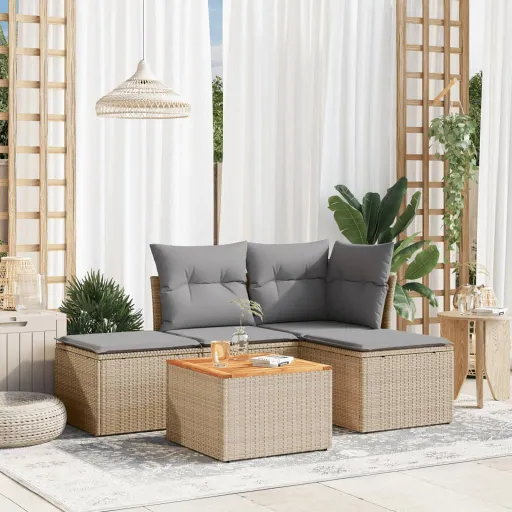Conjunto de Sofás p/ Jardim com Almofadões Vime PE Bege (5 pcs)