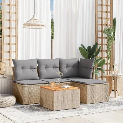 Conjunto de Sofás p/ Jardim com Almofadões Vime PE Bege (5 pcs)