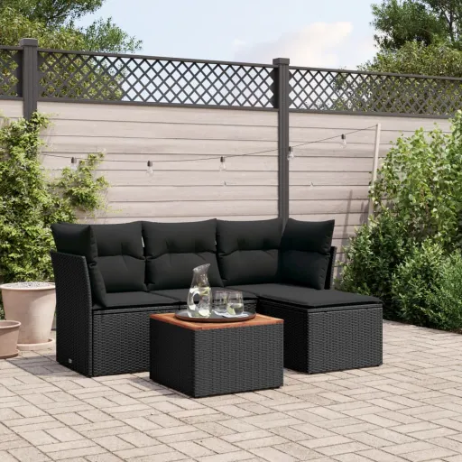 Conjunto Sofás de Jardim com Almofadões Vime PE Preto (5 pcs)