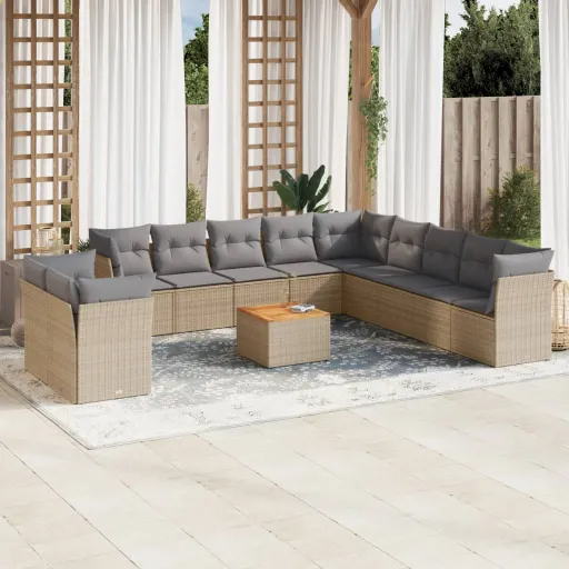 Conjunto de Sofás p/ Jardim com Almofadões Vime PE Bege (12 pcs)