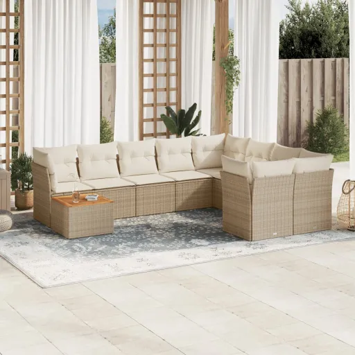 Conjunto de Sofás p/ Jardim com Almofadões Vime PE Bege (10 pcs)