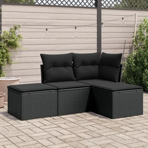Conjunto de Sofás para Jardim c/ Almofadões Vime PE Preto (4 pcs)