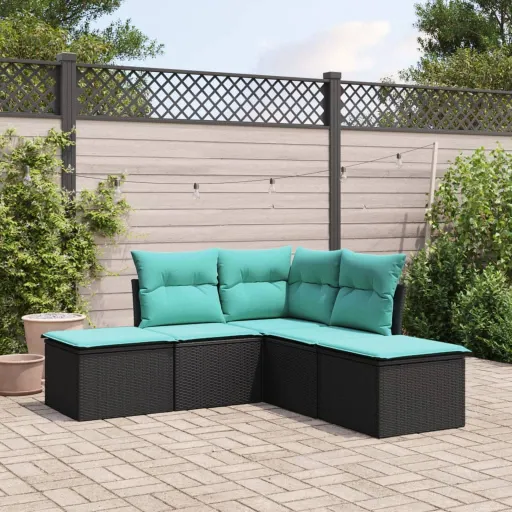 Conjunto Sofás de Jardim com Almofadões Vime PE Preto (5 pcs)