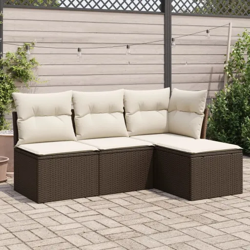 Conjunto Sofás de Jardim c/ Almofadões Vime PE Castanho (4 pcs)