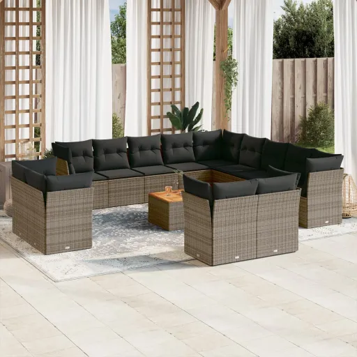 Conjunto Sofás p/ Jardim c/ Almofadões Vime PE Cinzento (14 pcs)