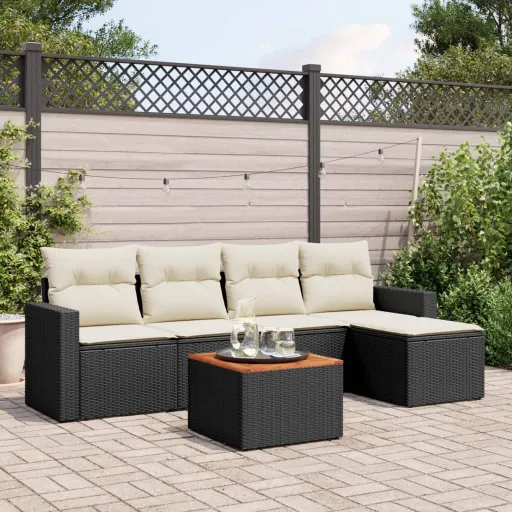 Conjunto Sofás de Jardim c/ Almofadões Vime PE Preto (6 pcs)