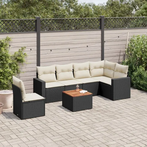 Conjunto de Sofás p/ Jardim c/ Almofadões Vime PE Preto (7 pcs)