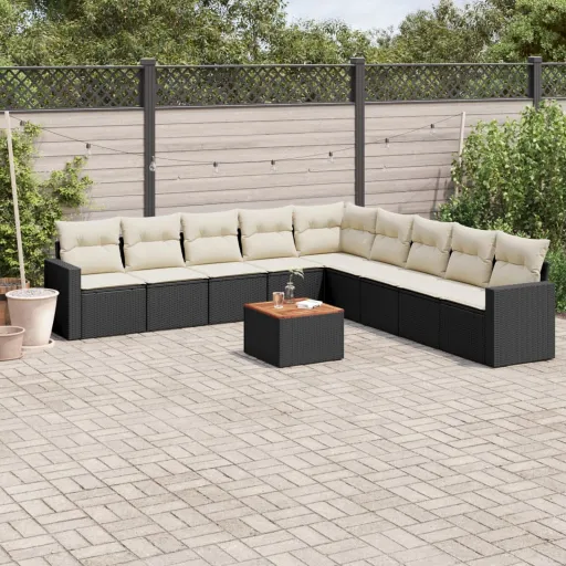 Conjunto Sofás de Jardim c/ Almofadões Vime PE Preto (10 pcs)