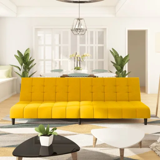 Sofá-Cama de 2 Lugares Veludo Amarelo