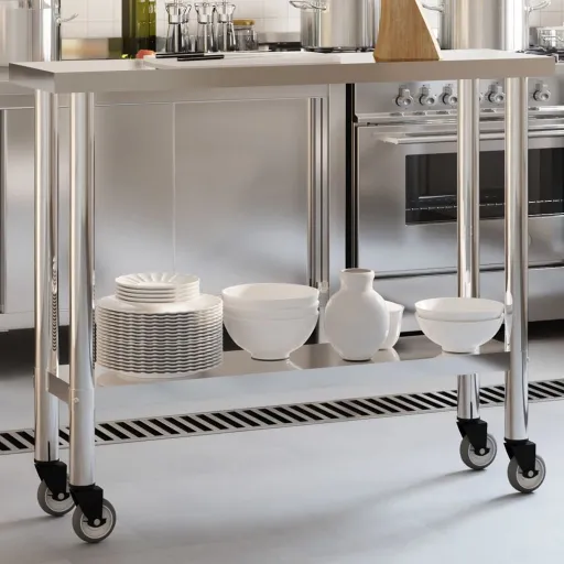 Mesa de Trabalho de Cozinha c/ Rodas 110x30x85 cm Aço Inox.