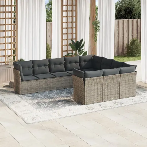 Conjunto Sofás de Jardim c/ Almofadões Vime PE Cinzento (10 pcs)