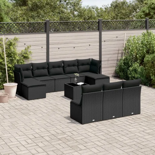 Conjunto Sofás de Jardim c/ Almofadões Vime PE Preto (11 pcs)