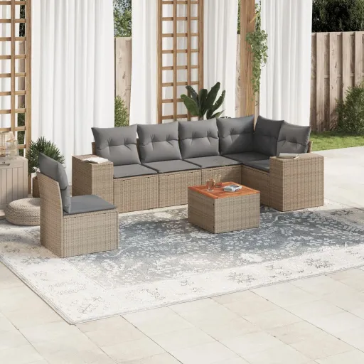 Conjunto de Sofás p/ Jardim com Almofadões Vime PE Bege (7 pcs)