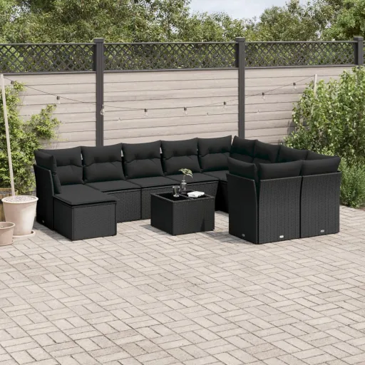 Conjunto Sofás de Jardim c/ Almofadões Vime PE Preto (10 pcs)