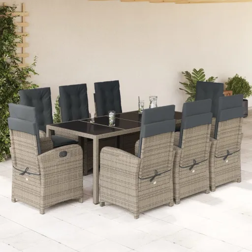 Conjunto de Jantar p/ Jardim c/ Almofadões Vime PE Cinza (9 pcs)