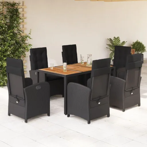 Conjunto de Jantar p/ Jardim c/ Almofadões Vime PE Preto (7 pcs)
