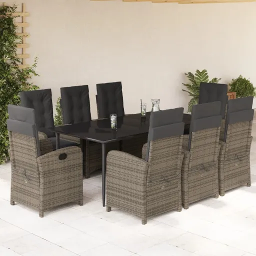 Conjunto de Jantar p/ Jardim c/ Almofadões Vime PE Cinza (9 pcs)