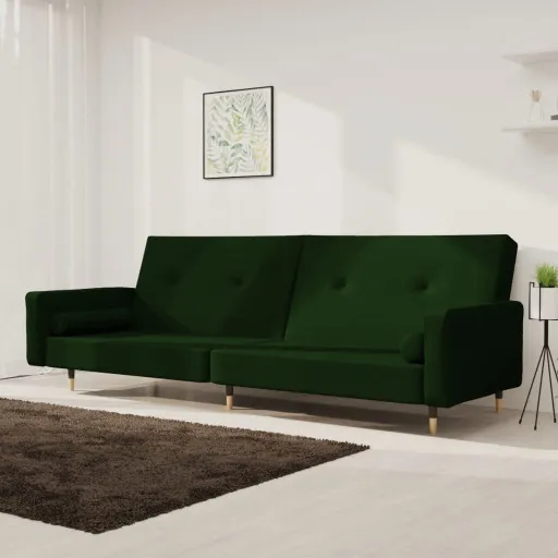 Sofá-Cama 2 Lugares com Duas Almofadas Veludo Verde-Escuro