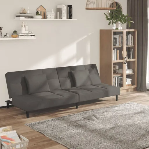 Sofá-Cama 2 Lugares com Duas Almofadas Veludo Cinzento-Escuro