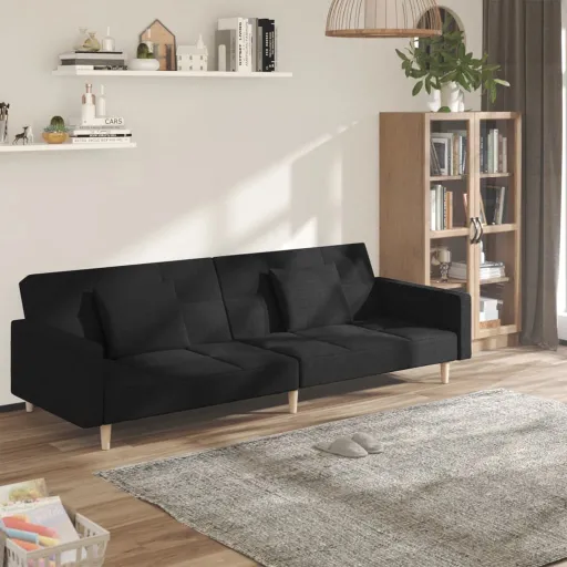Sofá-Cama 2 Lugares com Duas Almofadas Tecido Preto