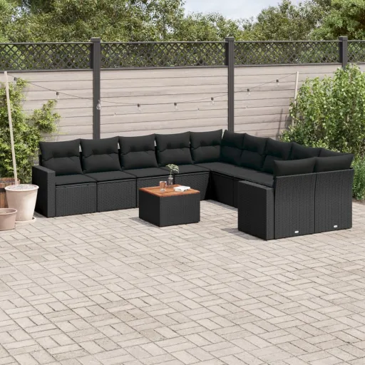 Conjunto Sofás de Jardim c/ Almofadões Vime PE Preto (11 pcs)