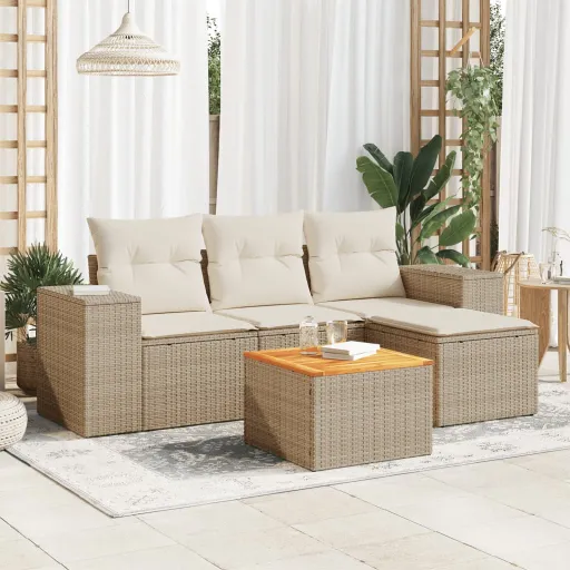 Conjunto de Sofás p/ Jardim com Almofadões Vime PE Bege (5 pcs)